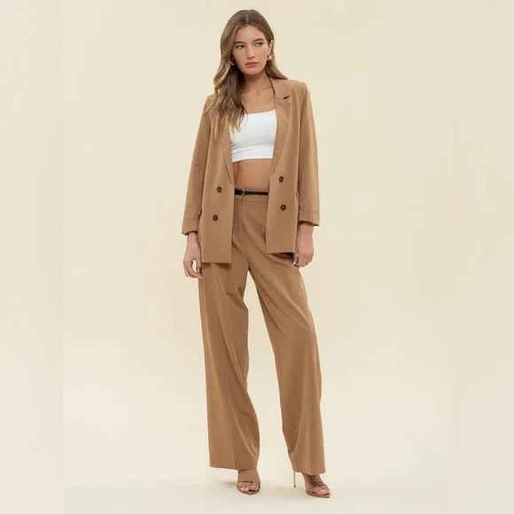 99. Double Breasted Stripe Blazer in Taupe - Picture 3 of 5